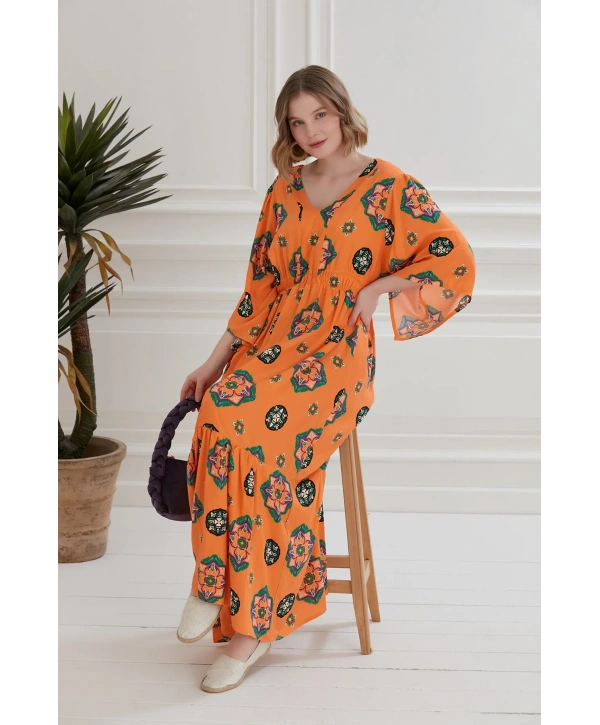 V Yaka Desenli Uzun Neva Elbise