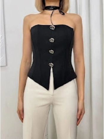 Straplez Düğme Detaylı Crop Bluz