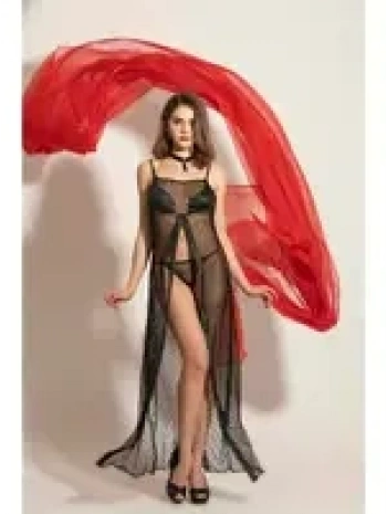 Siyah Fileli Elbise String Fantazi Gecelik Takım 6092