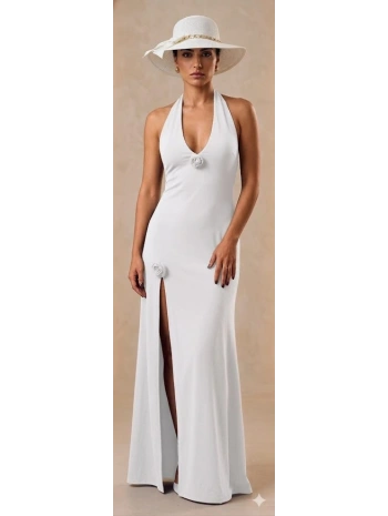 Alesbutik Beyaz Gül Detaylı Uzun Yırtmaçlı Elbise