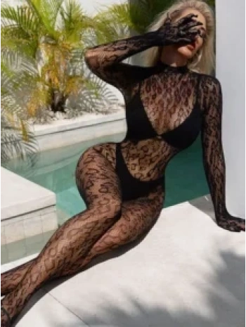 Desenli Transparan Eldivenli Vücut Çorabı