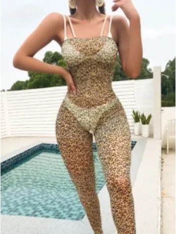 Leopar Desenli Askılı Ağı Açık Seksi Vücut Çorabı