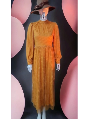 SIFIR YAKA TÜLLÜ UZUN ELBİSE