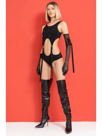 SİYAH CEP DETAY TÜL ELDİVENLİ BODYSUİT