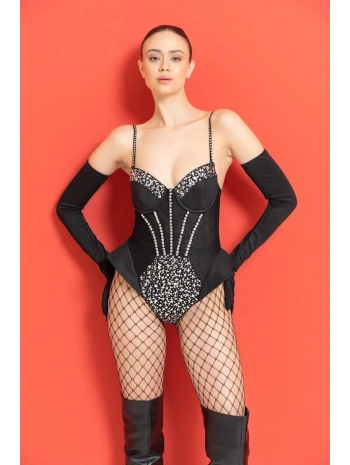 Siyah Eldiven Detaylı Askılı Taşlı Bodysuit