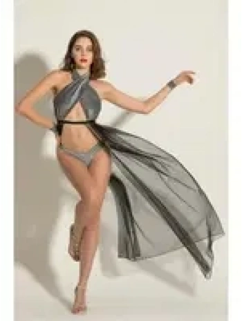 Siyah Simli Transparan Elbise String ve Bileklik 6062