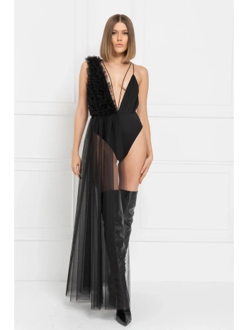 Siyah Tül Detaylı Askılı Bodysuit
