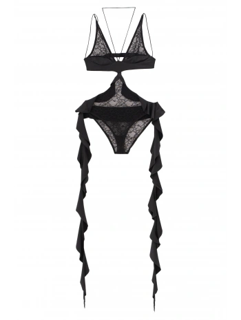 Siyah Volan Detaylı Dantelli Bodysuit 102433