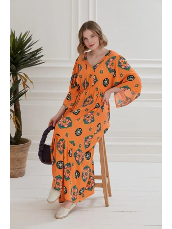 V Yaka Desenli Uzun Neva Elbise