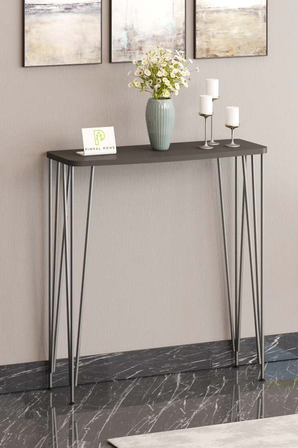 100cm Antresit Gri Dresuar Kahve Köşesi Konsol Modern Raf Metal Boru Gümüş Ayaklı
