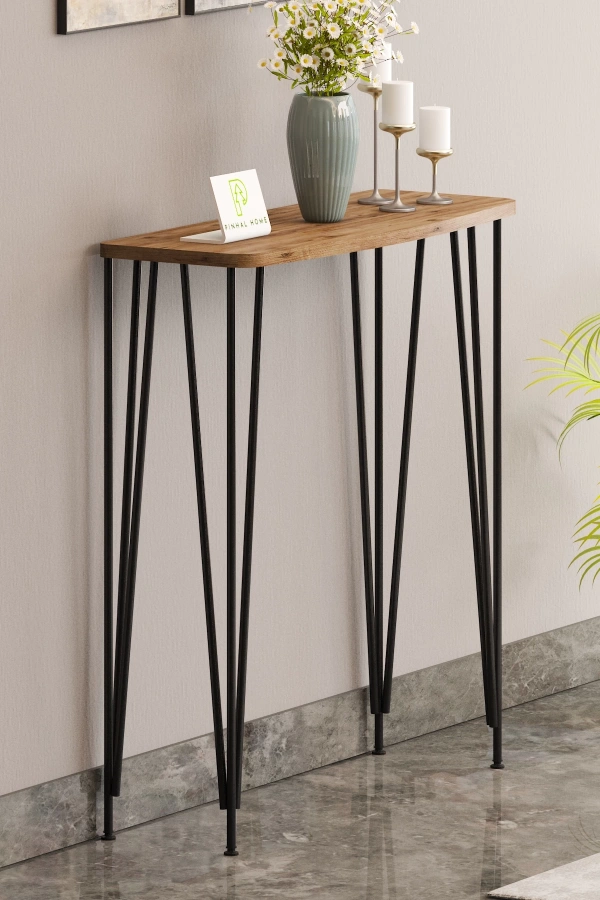 120 cm Atlantik Çam Dresuar Kahve Köşesi Konsol Modern Raf Metal Boru Siyah Ayaklı