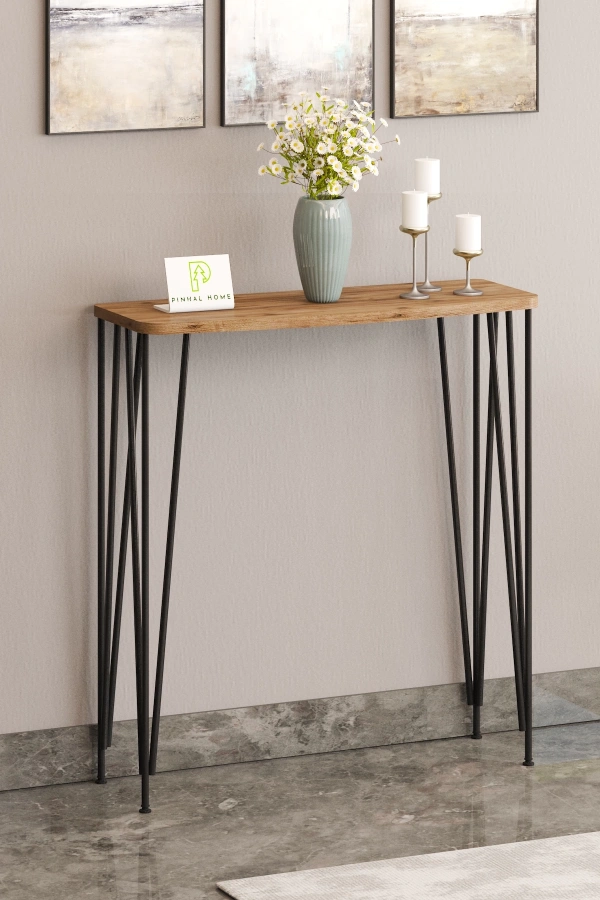 120 cm Atlantik Çam Dresuar Kahve Köşesi Konsol Modern Raf Metal Boru Siyah Ayaklı