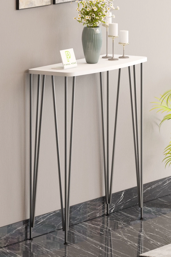 120 cm Beyaz Dresuar Kahve Köşesi Konsol Modern Raf Metal Boru GümüşAyaklı