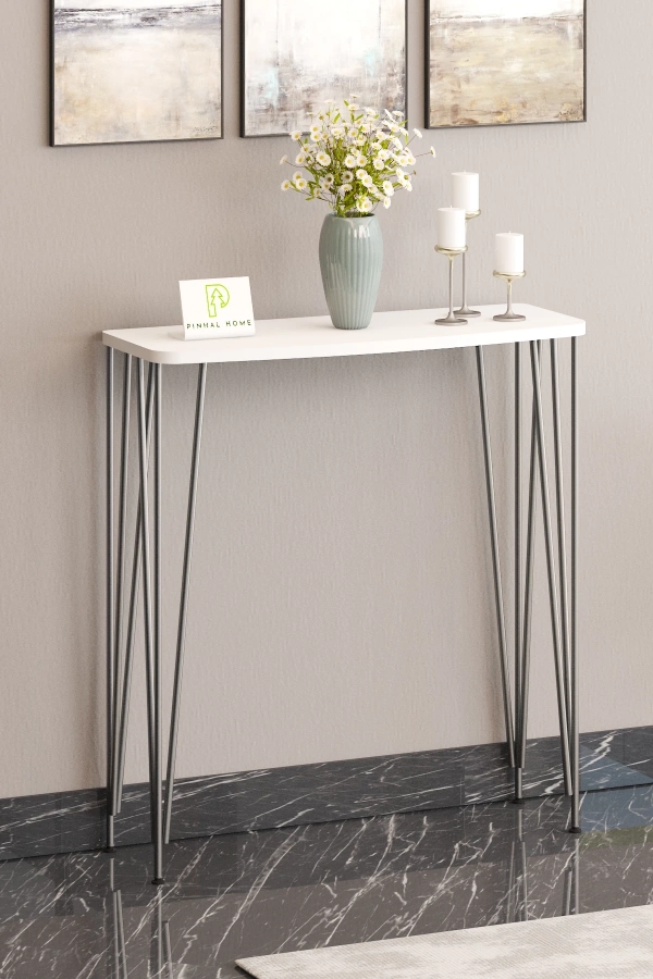 120 cm Beyaz Dresuar Kahve Köşesi Konsol Modern Raf Metal Boru GümüşAyaklı