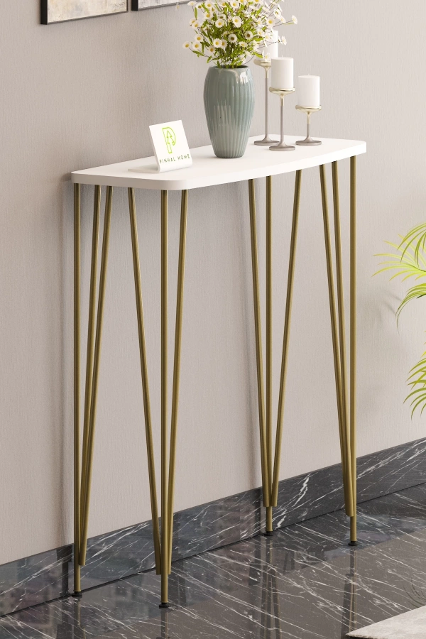 120 cm Beyaz Dresuar Kahve Köşesi Konsol Modern Raf Metal Boru Gold Ayaklı