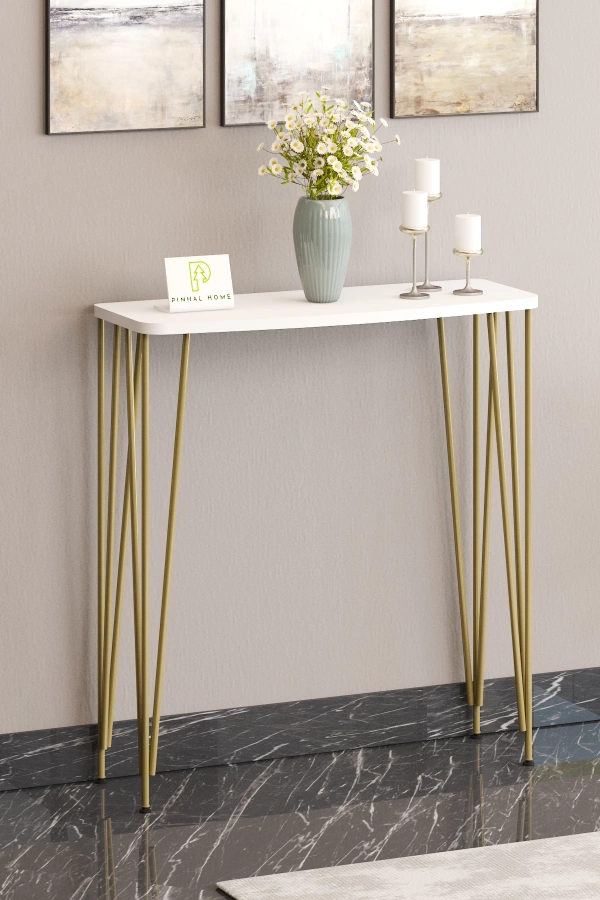 120 cm Beyaz Dresuar Kahve Köşesi Konsol Modern Raf Metal Boru Gold Ayaklı