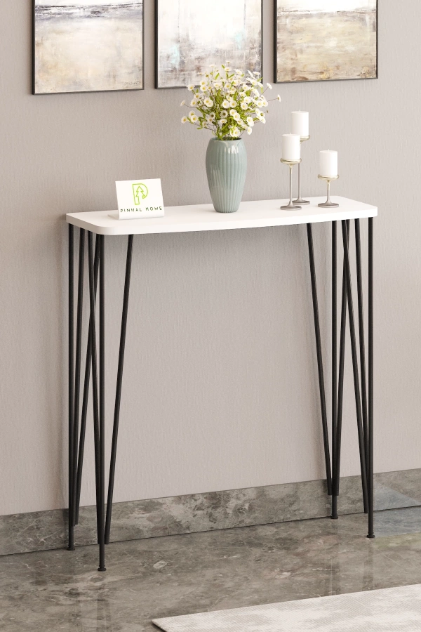 120 cm Beyaz Dresuar Kahve Köşesi Konsol Modern Raf Metal Boru Siyah Ayaklı