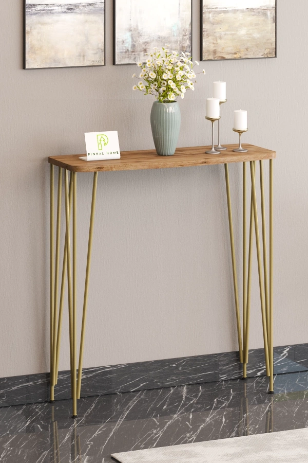 60 cm Atlantik Çam Dresuar Kahve Köşesi Konsol Modern Raf Metal Boru Gold Ayaklı