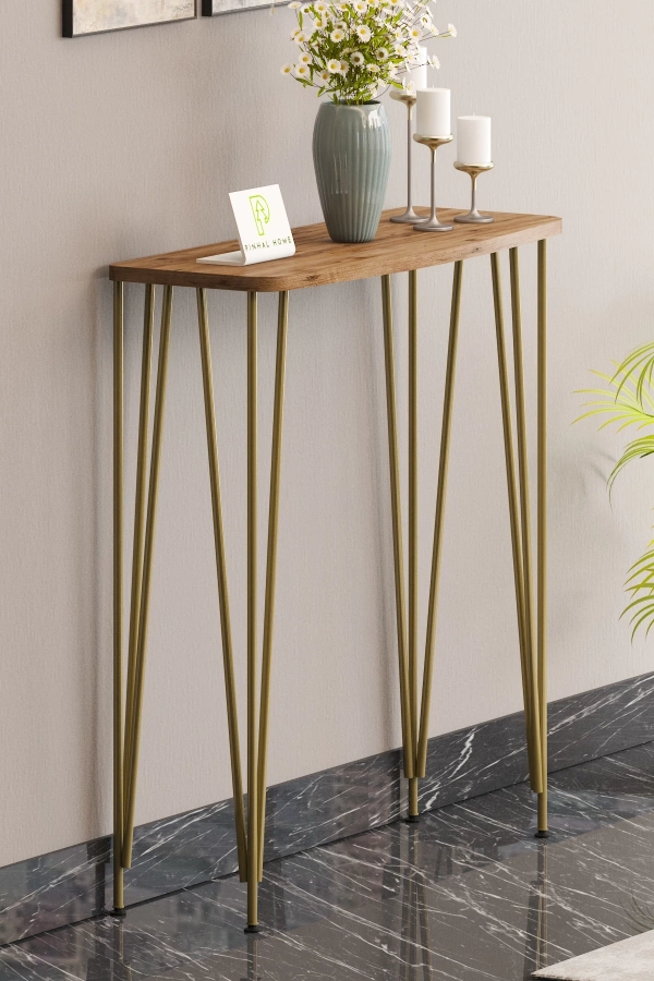 60 cm Atlantik Çam Dresuar Kahve Köşesi Konsol Modern Raf Metal Boru Gold Ayaklı