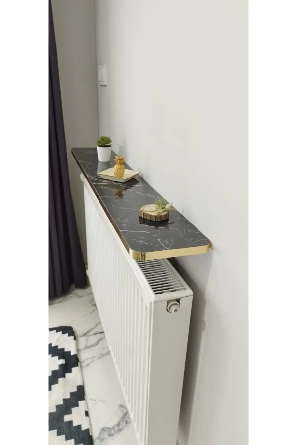 Oval Kenar 100 Cm Petek Üstü Uçan Raf Dresuar Siyah Mermer Gold