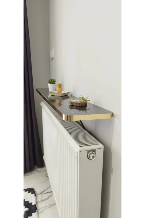 Oval Kenar 100 Cm Petek Üstü Uçan Raf Dresuar Siyah Mermer Gold