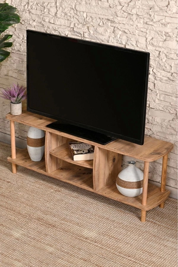 Ahşap Tv Ünitesi Raflı Televizyon Sehpası Atlantik Çam