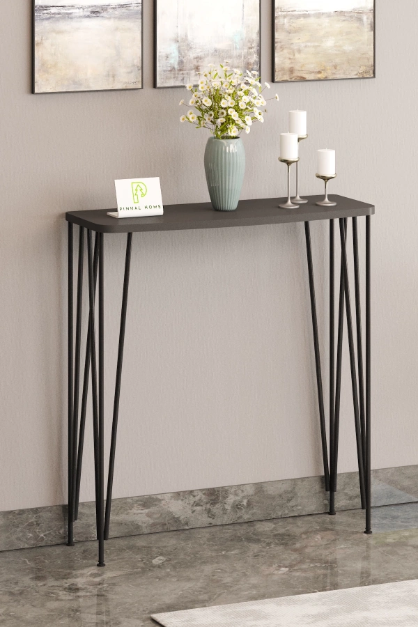 80cm Antrasit Gri Dresuar Kahve Köşesi Konsol Modern Raf Metal Boru Siyah Ayaklı