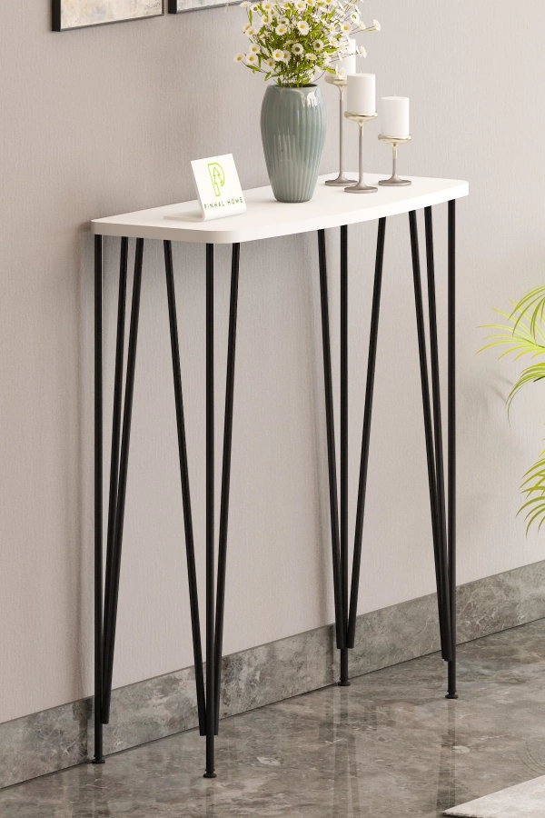 80cm Beyaz Dresuar Kahve Köşesi Konsol Modern Raf Metal Boru Siyah Ayaklı