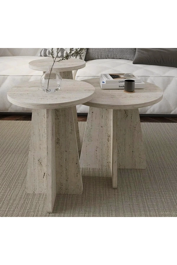 Iskandinav Mantar Sehpa 3 Lü Zigon Sehpa Takımı Yan Sehpa Orta Sehpa Traverten Mermer