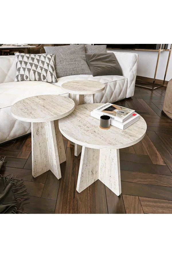 Iskandinav Mantar Sehpa 3 Lü Zigon Sehpa Takımı Yan Sehpa Orta Sehpa Traverten Mermer