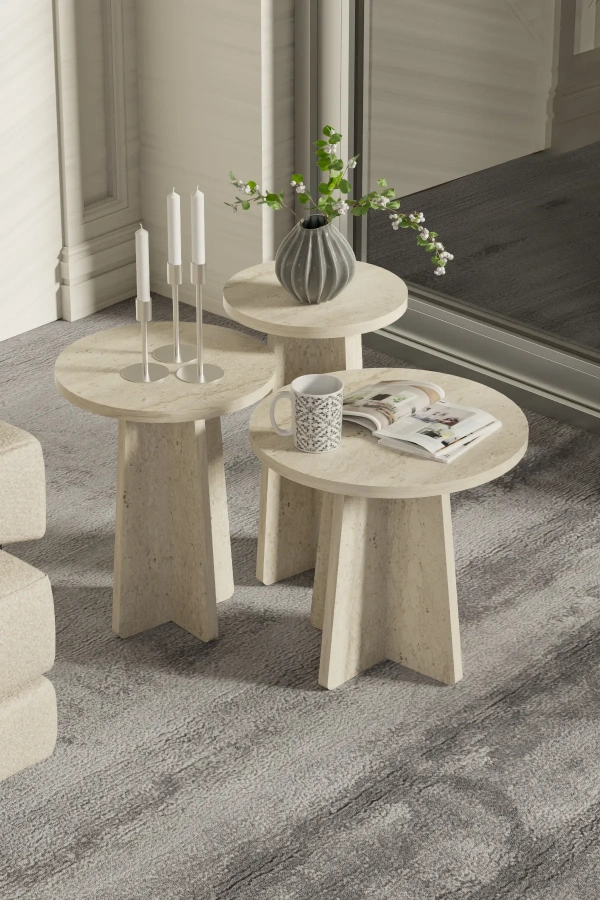 Iskandinav Mantar Sehpa 3 Lü Zigon Sehpa Takımı Yan Sehpa Orta Sehpa Traverten Mermer