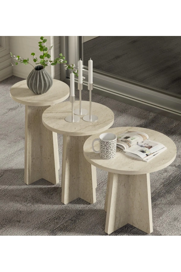 Iskandinav Mantar Sehpa 3 Lü Zigon Sehpa Takımı Yan Sehpa Orta Sehpa Traverten Mermer