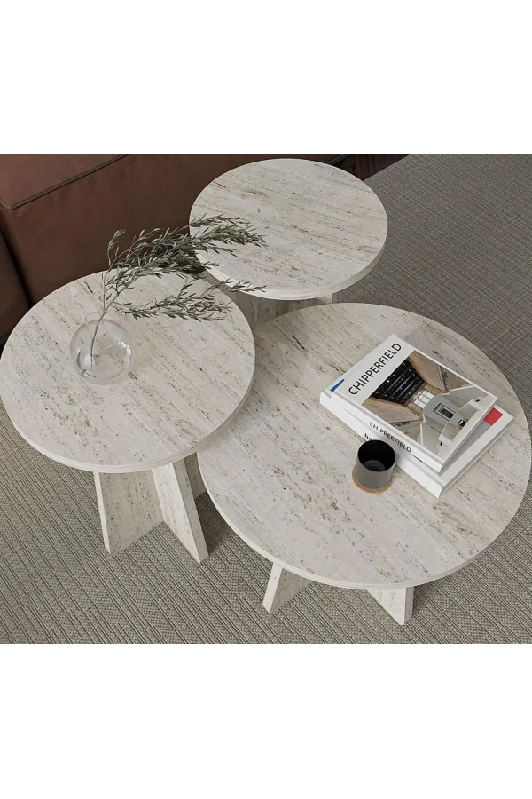 Iskandinav Mantar Sehpa 3 Lü Zigon Sehpa Takımı Yan Sehpa Orta Sehpa Traverten Mermer