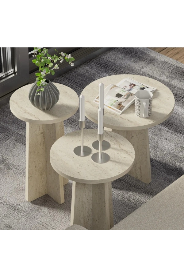 Iskandinav Mantar Sehpa 3 Lü Zigon Sehpa Takımı Yan Sehpa Orta Sehpa Traverten Mermer