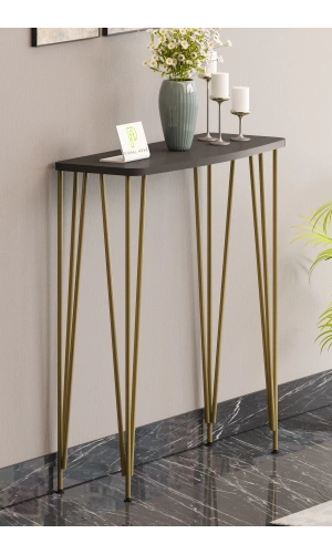 100cm Antresit Gri Dresuar Kahve Köşesi Konsol Modern Raf Metal Boru Gold Ayaklı