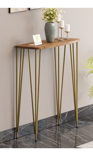 100cm Atlantik Çam Dresuar Kahve Köşesi Konsol Modern Raf Metal Boru Gold Ayaklı