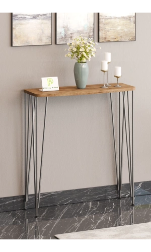 100cm Atlantik Çam Dresuar Kahve Köşesi Konsol Modern Raf Metal Boru Gümüş Ayaklı