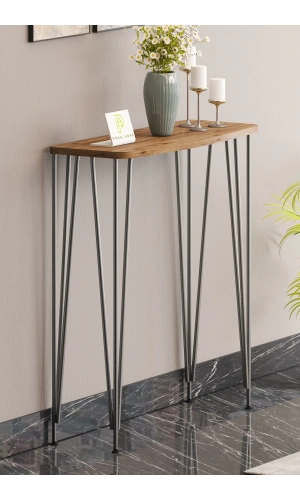 120 cm Atlantik Çam Dresuar Kahve Köşesi Konsol Modern Raf Metal Boru Gümüş Ayaklı