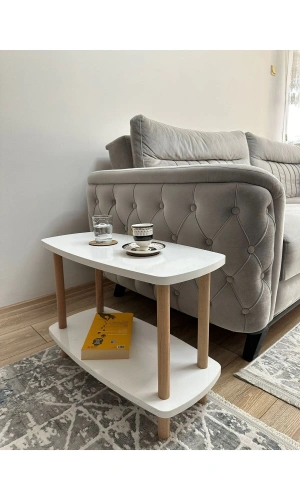 Beyaz İki Katlı Yan Sehpa Koltuk Yanı