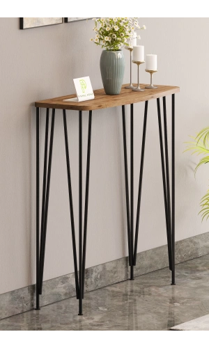 80cm Atlantik Çam Dresuar Kahve Köşesi Konsol Modern Raf Metal Boru Siyah Ayaklı