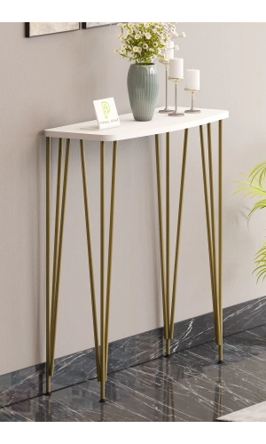 80cm Beyaz Dresuar Kahve Köşesi Konsol Modern Raf Metal Boru Gold Ayaklı