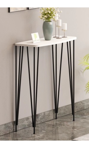 80cm Beyaz Dresuar Kahve Köşesi Konsol Modern Raf Metal Boru Siyah Ayaklı