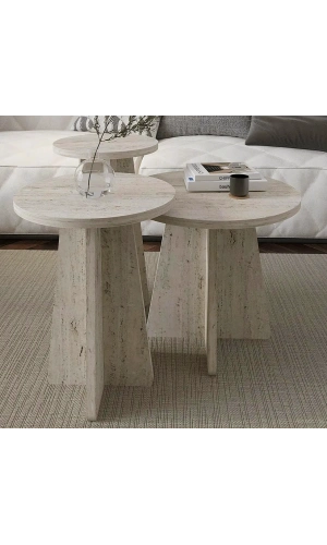 Iskandinav Mantar Sehpa 3 Lü Zigon Sehpa Takımı Yan Sehpa Orta Sehpa Traverten Mermer