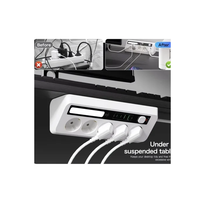 5’li Akım Korumalı Priz 2500w | 2 Usb + 2 Type-c Hızlı Şarj | Led Gece Lambalı | Dokunmatik Beyaz