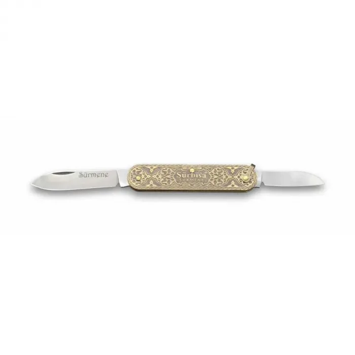 61804 Pirinç İşlemeli Sürmene Çakısı 5,5 / 3,5 Cm - Çift Bıçaklı