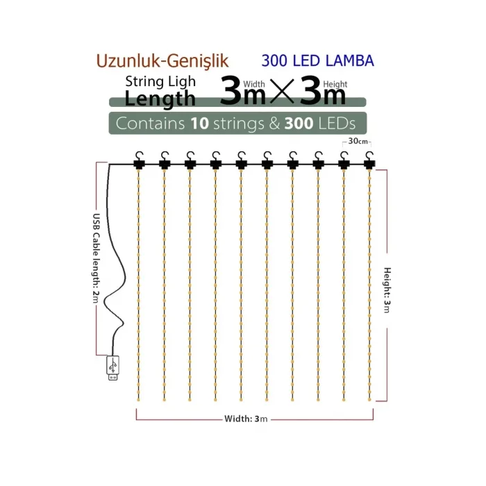 8 Fonksiyonlu Peri Perde Led Uzaktan Kumandalı Günışığı Perde Peri Led (3 Mt X 3 Mt)