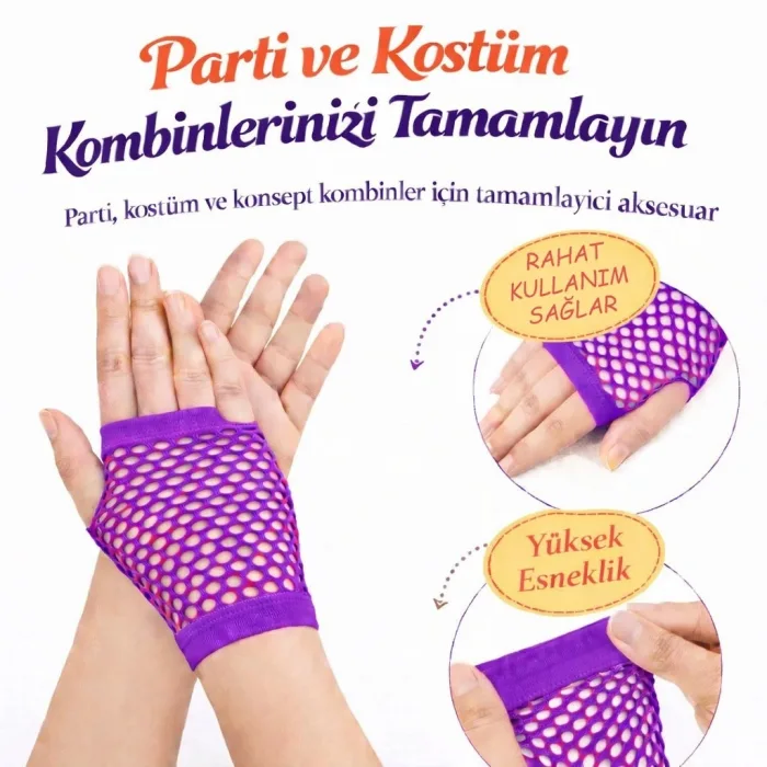 80’ler 90’lar Retro Mor File Parmaksız Kısa Eldiven 11 Cm