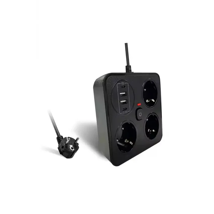 Akım Korumalı Anahtarlı Priz - 3x Priz - 2x Usb - 2x Type-c - 2 Mt Kablo Hızlı Şarj Özellikli Siyah