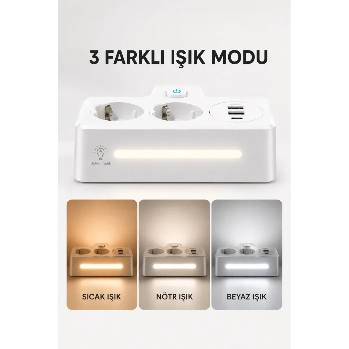 Bkl-502 Akım Korumalı 2li Priz 2 Usb Ve 2 Type-c Çıkış 4000w Hızlı Şarj Duvar Tipi Dokunmatik Led Aydınlatmalı