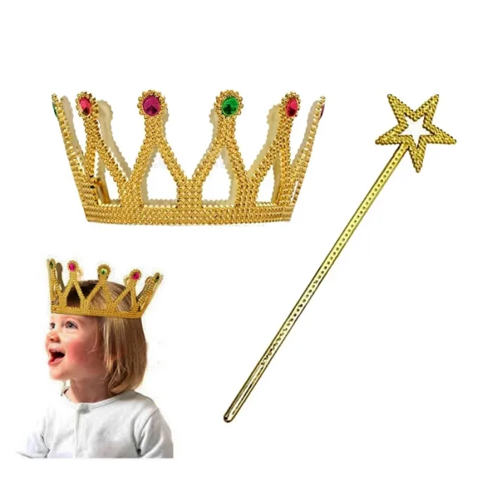 Çocuk Boy Kraliçe Prenses Tacı Ve Yıldız Peri Asası Altın Renk